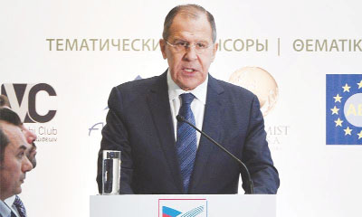 Russinan Foreign Miniser Sergei Lavrov gives a speech at the Greek-Russian social from in Athens on Wednesday.