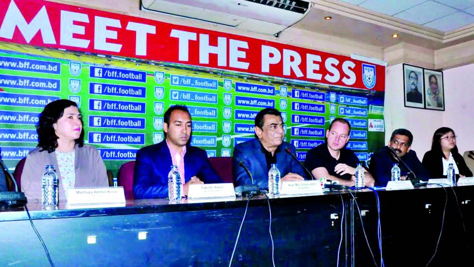 Bangladesh Football Federation (BFF) President Kazi Salahuddin addressing a press conference at the BFF House on Friday.