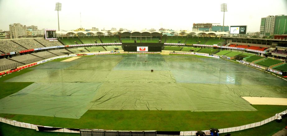 The ground of the Sher-e-Bangla National Cricket Stadium was covered by pitch-cover due to drizzle on Saturday.