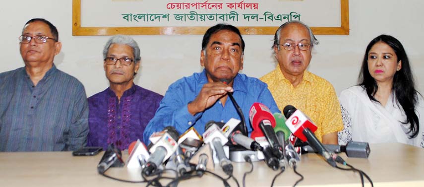 BNP Vice Chairman Major (Retd) Hafiz Uddin Ahmed speaking at a press conference at BNP Chairperson's Gulshan office on Saturday over attack on temples and houses of Hindu community in Nasirnagar.