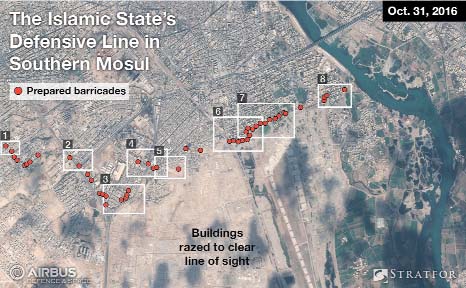 Image shows the Islamic State group's defensive line in southern Mosul, Iraq.