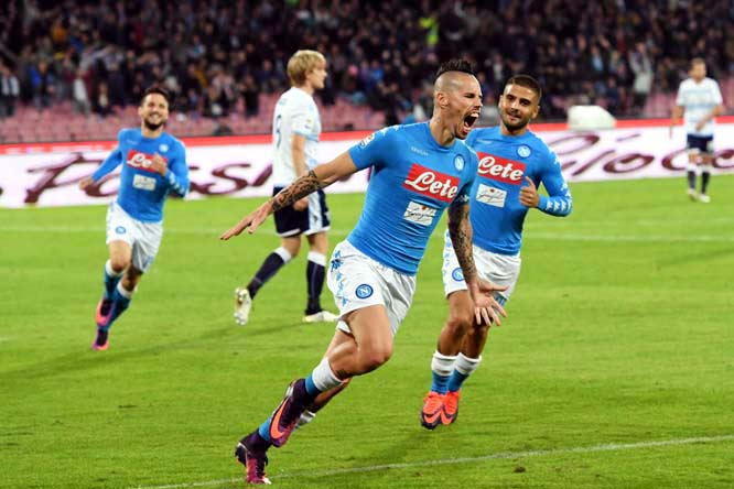 Napoli's Marek Hamsik celebrates after scoring during the Italian Serie A soccer match between Napoli and Lazio at the San Paolo stadium in Naples, Italy on Saturday.