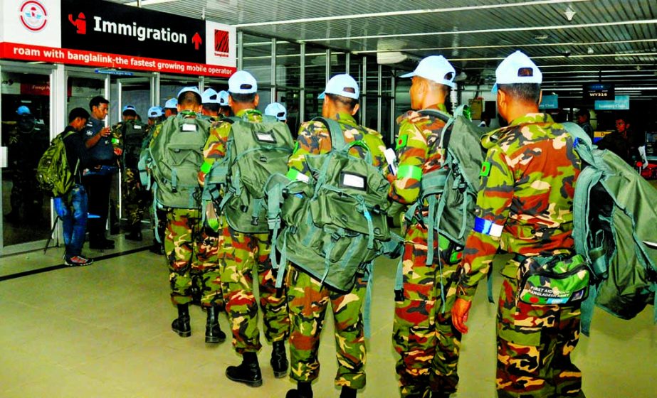 UN Peacekeepers of Bangladesh at Hazrat Shahjalal International Airport on Tuesday on the eve of departure for duty in Central African Republic. ISPR photo