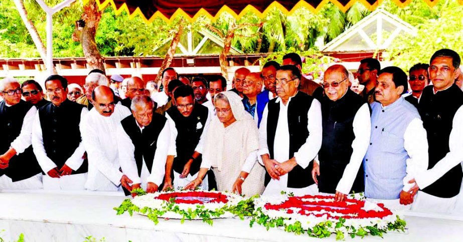 Newly elected President of Bangladesh Awami League and Prime Minister Sheikh Hasina along with the members of the party's Advisory Committee and leaders of the central committee paying tributes to Father of the Nation Bangabandhu Sheikh Mujibur Rahman by