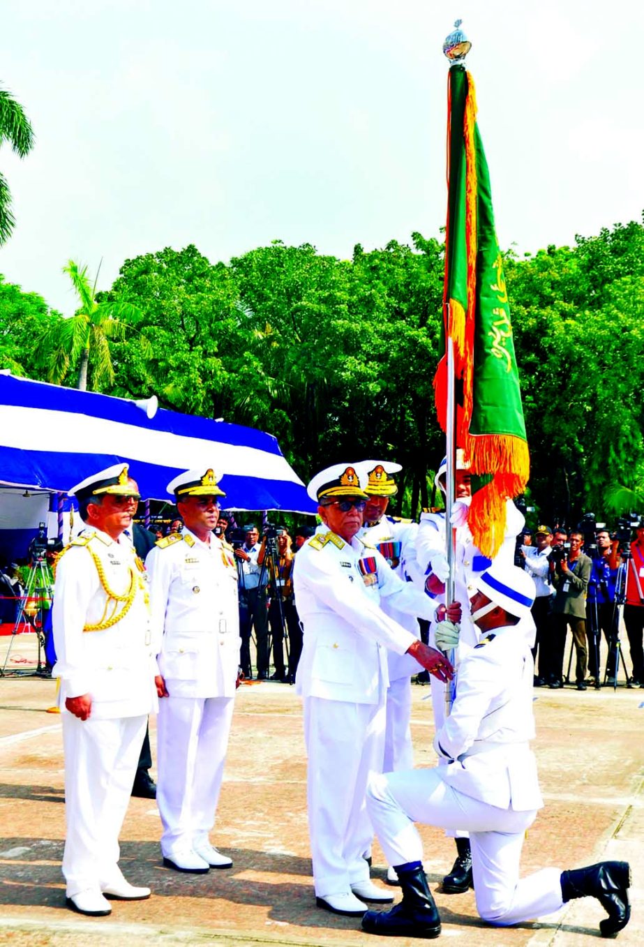 President Abdul Hamid being given a salute by a contingent of smart navy personnel at National Standard Conferment Ceremony at BNS Base Issa Khan in Chittagong on Tuesday. ISPR Photo