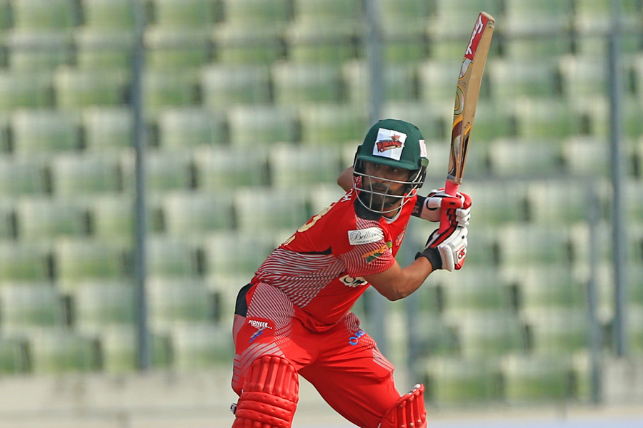 Tamim Iqbal winds up for a big shot during the opening match of Bangladesh Premier League Twenty20 Cricket between Comilla Victorians and Chittagong Vikings at the Sher-e-Bangla National Cricket Stadium on Tuesday.