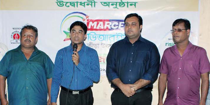 General Secretary of Dhaka Reporters Unity (DRU) Razu Ahmed speaking at the inaugural ceremony of Marcel-DRU Sports Festival at the Sports Room of DRU on Wednesday.