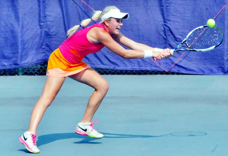 Kantie LaFrance of USA in action during the Walton 30th Bangladesh ITF Junior Tennis Championship at the National Tennis Complex in Ramna on Thursday.