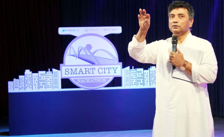 Dhaka North City Corporation Mayor Annisul Huq speaking at the inaugural ceremony of Smart City Hackathon at the Head Office of Grameen Phone in the city on Friday.