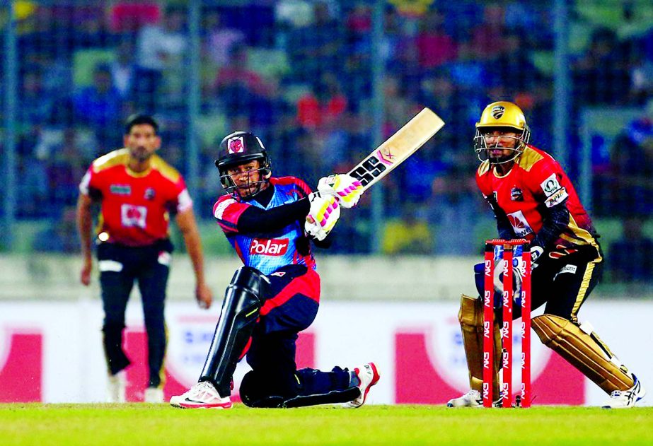 Mushfiqur Rahim swats the ball to the leg side during the match of AKS Bangladesh Premier League Twenty20 Cricket between Barisal Bulls and Comilla Victorians at the Sher-e-Bangla National Cricket Stadium on Friday.