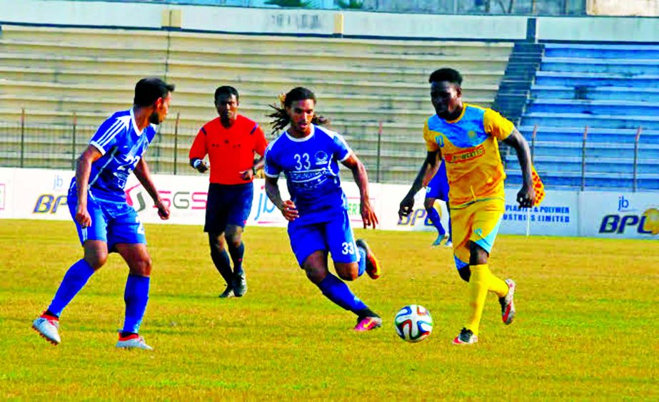 A moment of the match of the JB Group Bangladesh Premier League Football between Sheikh Russel Krira Chakra and Chittagong Abahani Limited at the Bir Muktijoddha Rafiquddin Bhuiyan Stadium in Mymensingh on Friday.