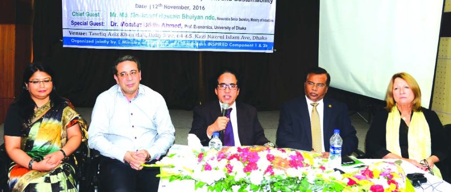 Mosharraf Hossain Bhuiyan, ndc, Senior Secretary of the Ministry of Industries speaking in a workshop on "The Role of Media in Promoting SMEs in Bangladesh" in the city on Saturday, organised by SME Foundation. Dr Momtaz Uddin Ahmed, Professor of Econom