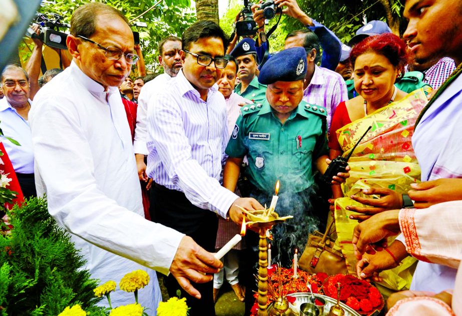 Chief Justice Surendra Kumar Sinha inaugurating the construction work of 4th floor of Sri Sri Madhawa Gaudiya Math at Narinda in the city on Saturday is being funded by DSCC. Mayor Sayeed Khokon was present on the occasion.