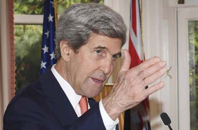 US Secretary of State John Kerry speaks during a press conference with New Zealand Prime Minister John Key at Premier House in Wellington, New Zealand on Sunday.