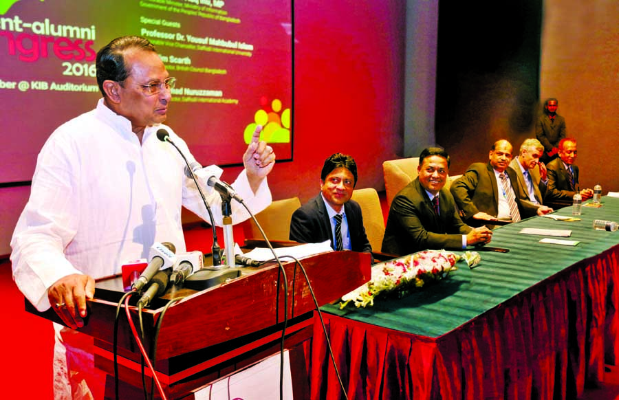 Information Minister Hasanul Haq Inu speaking at a student-alumni congress of Daffodil International Academy held recently at KIB auditorium in the city.