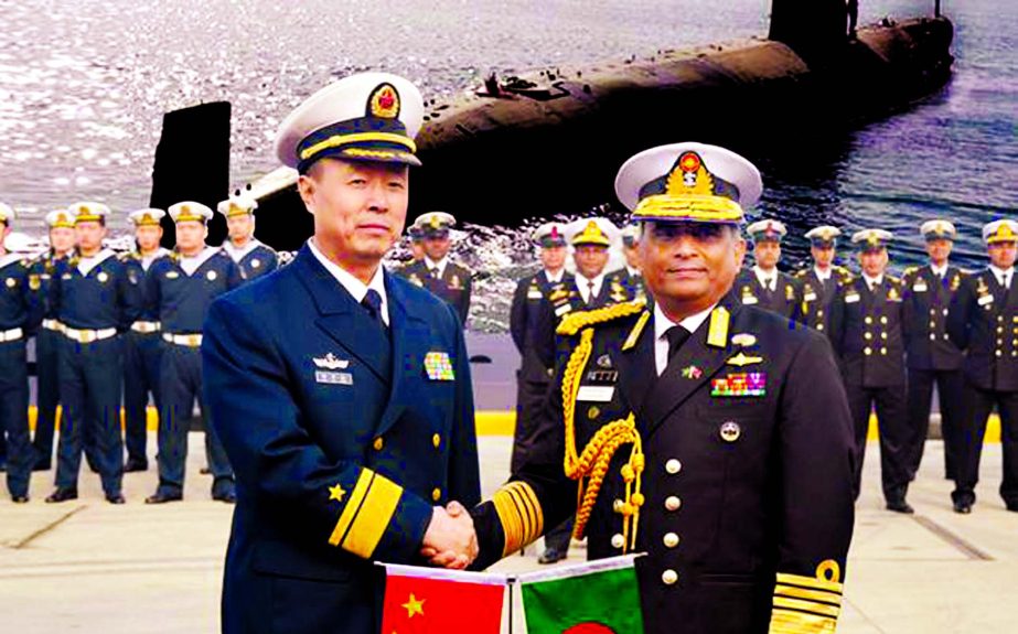 Chief of Naval Staff Admiral Nizamuddin Ahmed shaking hands with Rear Admiral Leu Zizhu of Chinese Peoples Liberation Navy after receiving two submarines at a ceremony held at Liayan Shipyard in China on Monday.