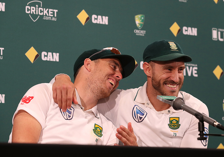 Kyle Abbott and Faf du Plessis share a laugh during the press conference on the 4th day of 2nd Test between Australia and South Africa at Hobart on Tuesday.