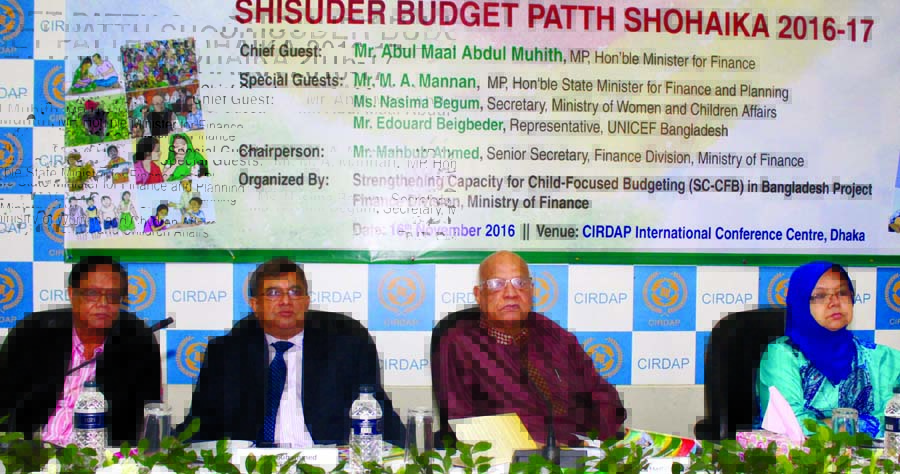 Finance Minister Abul Maal Abdul Muhith MP speaking as Chief Guest at a seminar on Shisuder Budget Path Shohaika organised by Strengthening Capacity for Child-focused Budgeting Project at CIRDAP Auditorium yesterday.