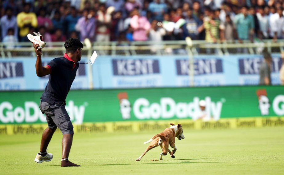 Ground staff chase a dog which ran onto the field during the first day of the second Test cricket match between India and England at the Dr. Y.S. Rajasekhara Reddy ACA-VDCA Cricket Stadium in Vishakhapatnam on Thursday.