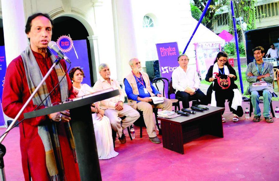 Chairman of the Bangladesh Public Service Commission Dr Mohammed Sadique speaking at a discussion on poem on Dhaka Lit Fest at the Nazrul Mancha in the city on Saturday.