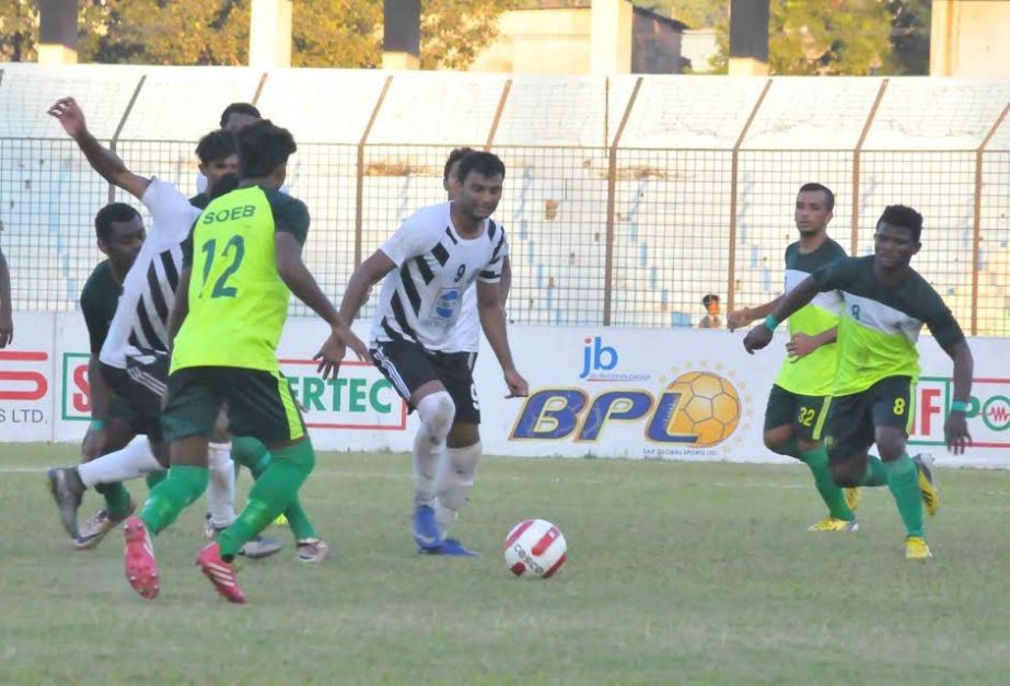 A moment of JB Bangladesh Premier League football match between Mohammedan Sporting Club and Bangladesh Jute Mills Corporation at MA Aziz Stadium in Chittagong on Saturday.