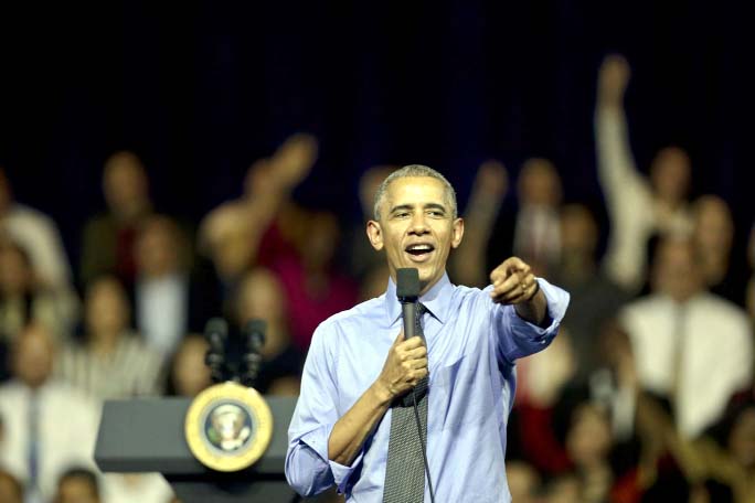 Barack Obama addresses audience at a town hall meeting at the Pontifical Catholic University of Peru.