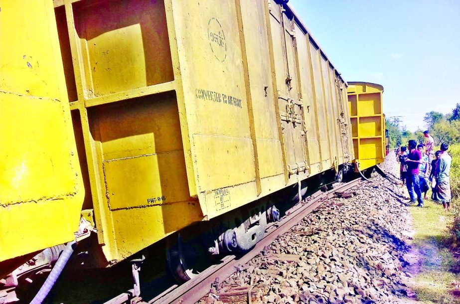 Six bogies of Dhaka bound cargo train coming from Dinajpur derailed with engine near Eco-Park at Sayedabad in Sirajganj, western side of Bangobandhu Bridge, resulting north-south communication remained snapped. This photo was taken on Sunday.