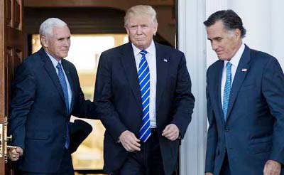 Mike Pence, Donald Trump and Mitt Romney leave the Trump International Golf Club.