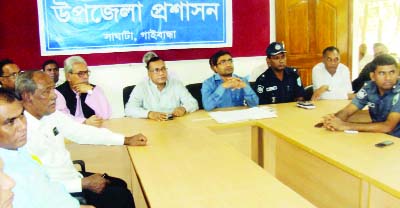 SAGHATA(Gaibandha): Adv A H M Golum Shaheed Ranju, Chairman, Sapahar Upazila Parishad speaking at a preparation meeting against militancy and terrorism and development activities recently.