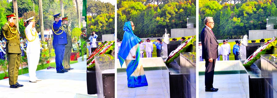 President Abdul Hamid, Prime Minister Sheikh Hasina, Chief of Army Staff Gen Abu Belal Muhammad Shafiul Huq, Chief of Naval Staff Admiral Nizamuddin Ahmed and Chief of Air Staff Air Chief Marshal Abu Esrar paid tributes to the members of Armed Forces by p