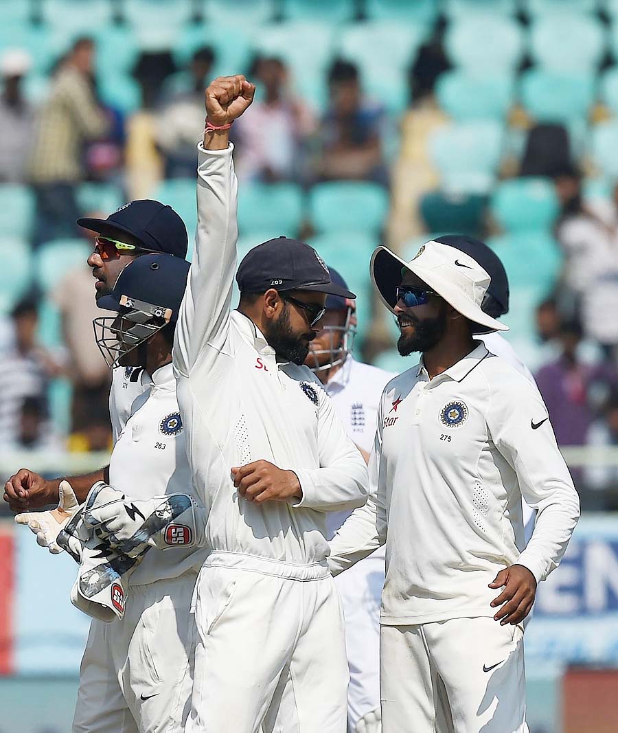 Virat Kohli celebrates victory against England on 5th day of 2nd Test at Visakhapatnam on Monday.