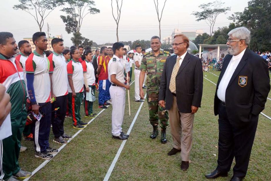 Secretary of the Ministry of Youth and Sports Kazi Akhter Uddin Ahmed (2nd from right) talking to the participants at the inaugural ceremony of the Blazer BD BKSP Cup Archery Championship at the BKSP Ground in Savar on Wednesday.