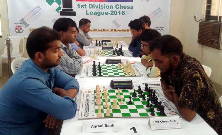 A scene from the First Division Chess League which began at Bangladesh Chess Federation hall-room on Wednesday.
