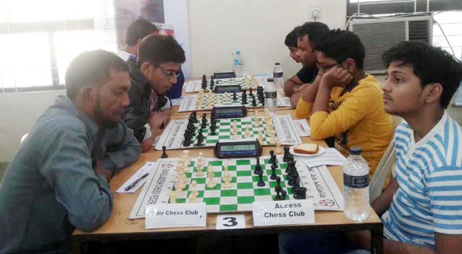 A scene from the 2nd round match of the Marcel First Division Chess League at Bangladesh Chess Federation hall-room on Thursday.