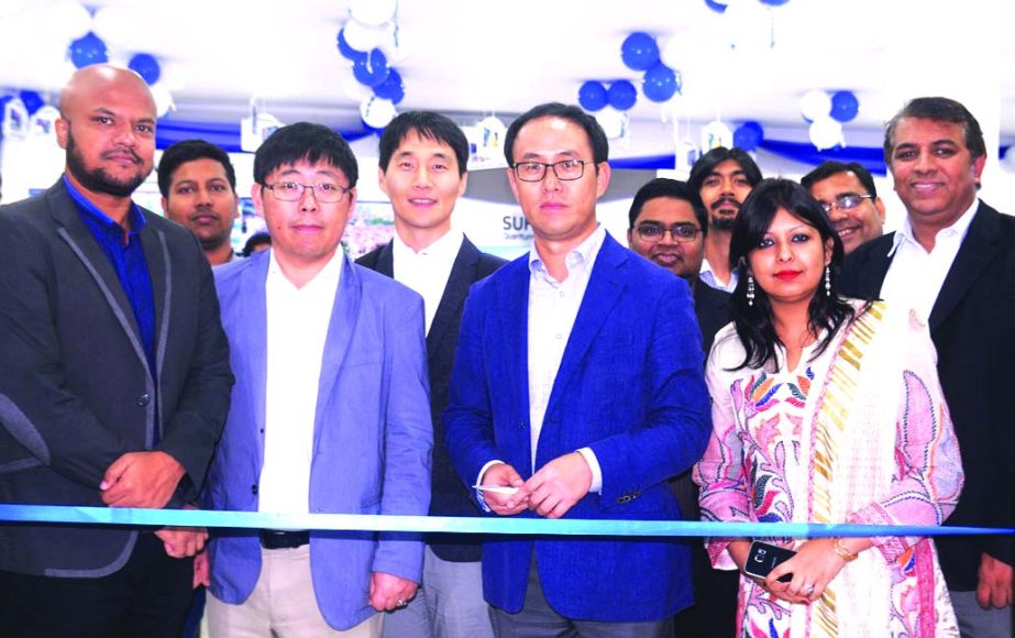 SeungwonYoun, Managing Director of Samsung Electronics Bangladesh inaugurated a new brand Shop at Rampura in the city recently. Choon Soo Moon, Group CEO of Fair Electronics Ltd and Saad Bin Hasan, Senior Manager of Consumer Electronics of Samsung Electro