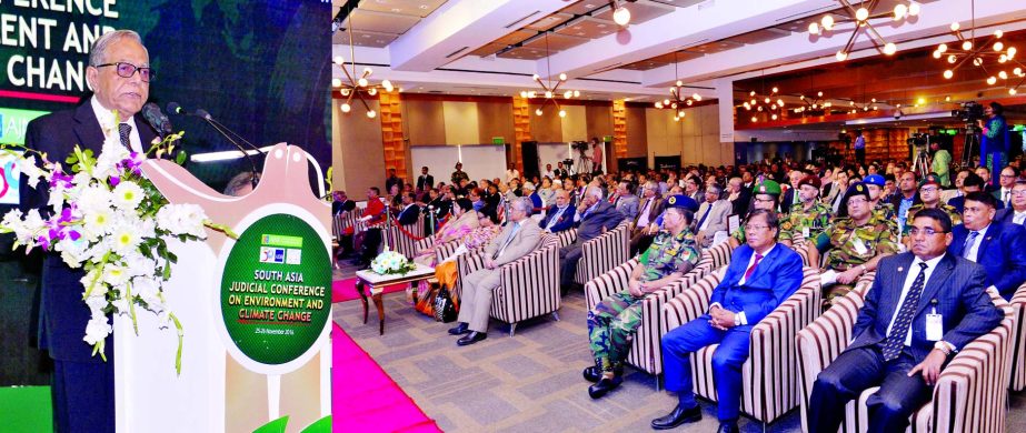 President Abdul Hamid addressing the inaugural ceremony of the South Asia Judicial Conference on Environment and Climate Change jointly organised by the Supreme Court of Bangladesh and ADB at Radisson Blu Dhaka Water Garden Hotel in city on Friday. Among