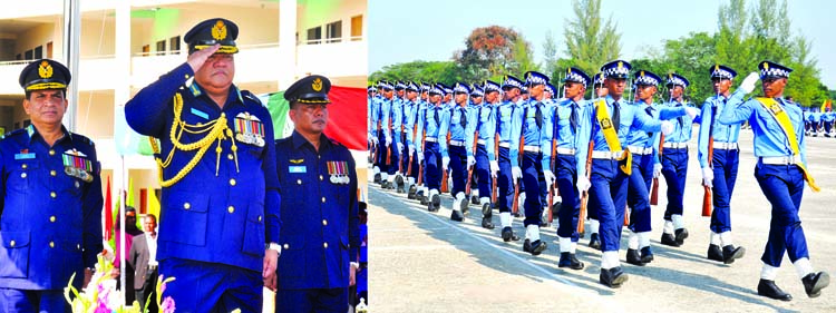 Chief of Air Staff Air Chief Marshal Abu Esrar taking salute at impressive march past of BAF Recruits' Entry No-44 at RTS at Shamshernagar, Moulvibazar on Tuesday. ISPR photo