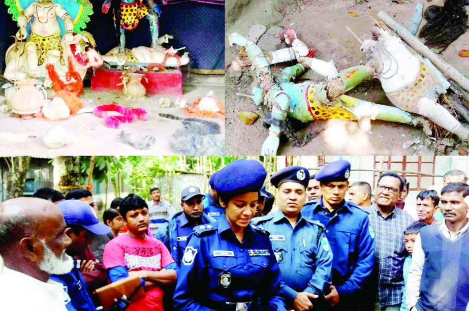 RAJBARI: Salma Begum PPM, SP, Rajbari Police speaking with local people while visiting damaged idols at Kachrondho area in Goalundo Upazila on Monday.