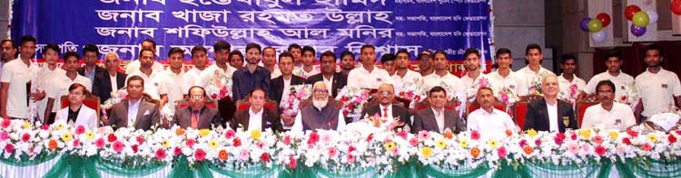 Bangladesh National Hockey team with the chief guest Salman F Rahman, Adviser to the Prime Minister and the other guests pose for a photo session at the auditorium of National Sports Council Tower on Wednesday. Bangladesh National Hockey team emerged as t