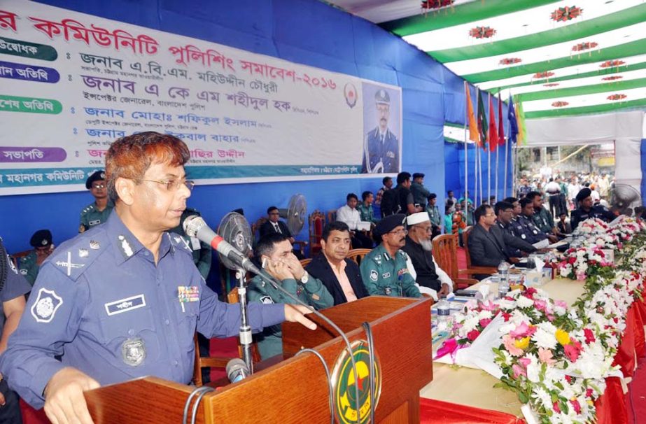 Inspector General of Police (IGP) A K M Shahidul Hoque speaking as Chief Guest at a gathering of community policing at Laldigi Maidan in the city on Thursday.