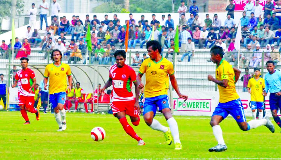 A moment of the match of the JB Bangladesh Premier League Football between Bangladesh Muktijoddha Sangsad Krira Chakra and Sheikh Jamal Dhanmondi Club Limited at the Sheikh Fazlul Haque Moni Stadium in Gopalganj on Friday.