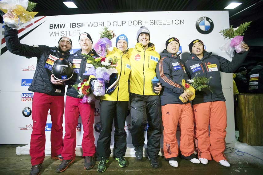(From left) Second-place finishers Thomas Amrhein and Rico Peter of Switzerland, winners Francesco Friedrich and Thorsten Margis, of Germany; and third-place finishers Won Yunjong and Seo Youngwoo, of South Korea, stand together after a World Cup two-man