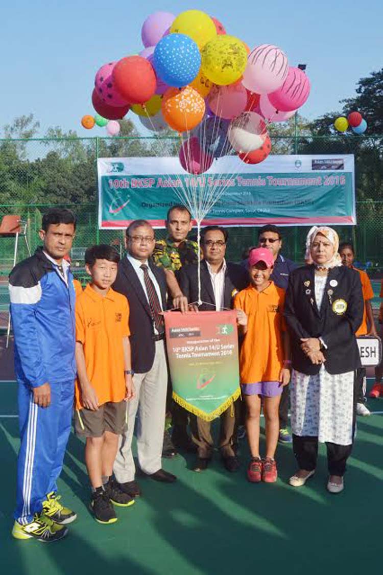 Director (Administration & Finance) of BKSP ABM Ruhul Azad inaugurating the 10th BKSP Asian Under-14 Series Tennis Competition by releasing the balloons as the chief guest at the BKSP Ground in Savar on Sunday.