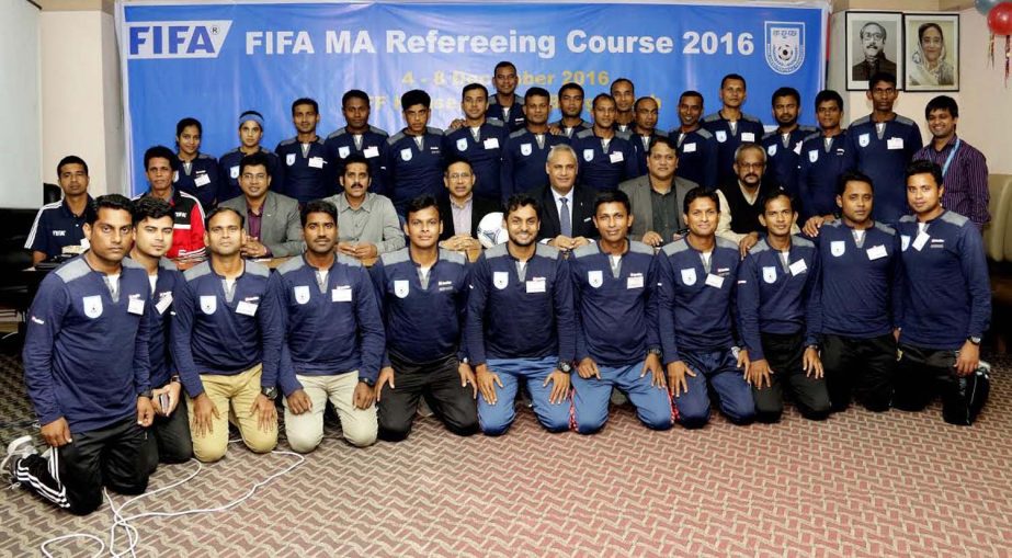 The participants of the FIFA MA Refereeing Course with the instructors, FIFA official and BFF officials pose for photograph at the BFF House on Sunday.