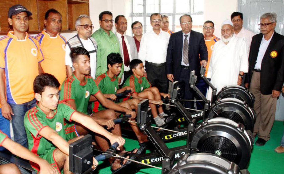The participants of the grass-root level rowing talent hunt programme in action in front of the guest and officials of Bangladesh Rowing Federation (BRF) at the office room of BRF in the Moulana Bhashani National Hockey Stadium on Wednesday.