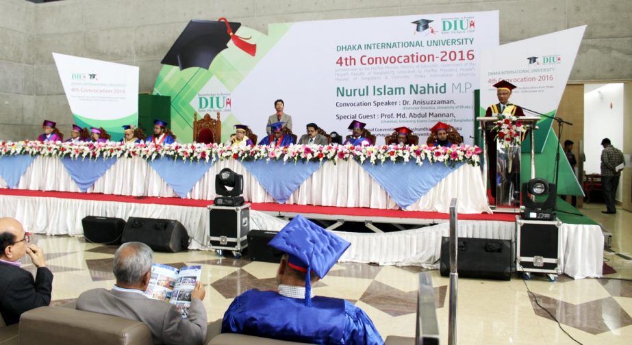 Education Minister Nurul Islam Nahid speaks at the 4th Convocation of Dhaka International University held on its permanent campus at Ashulia in Dhaka recently.