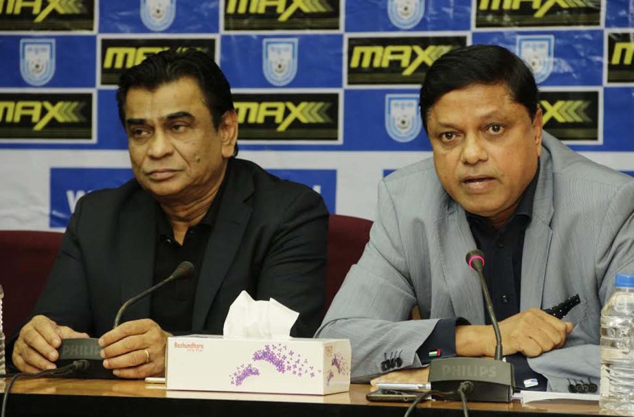 Chairman of the Max Group Engineer Golam Md Alamgir addressing a press conference at the conference room of Bangladesh Football Federation House on Thursday.