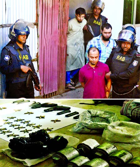 RAB members arrested five suspected Huji men from a militant den at a house in Ctg's Colonel Haat area with some arms and bomb-making explosives from their possession on Thursday.