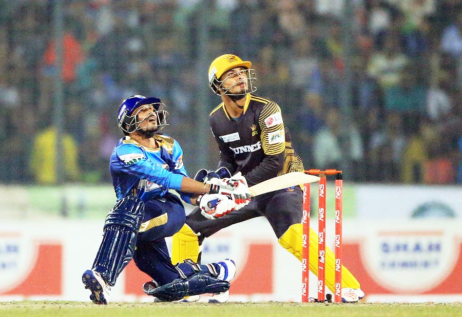 Nasir Hossain looked to hit out before he was stumped for 5 during the Bangladesh Premier League final match between Dhaka Dynamites and Rajshahi Kings at the Sher-e-Bangla National Cricket Stadium on Friday.