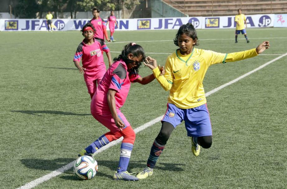 A moment of the match of the JFA Under-14 National Women's Championship between Mymensingh district team and Rangpur district team at the Bir Shreshtha Shaheed Sepoy Mohammad Mostafa Kamal Stadium in Kamalapur on Saturday.